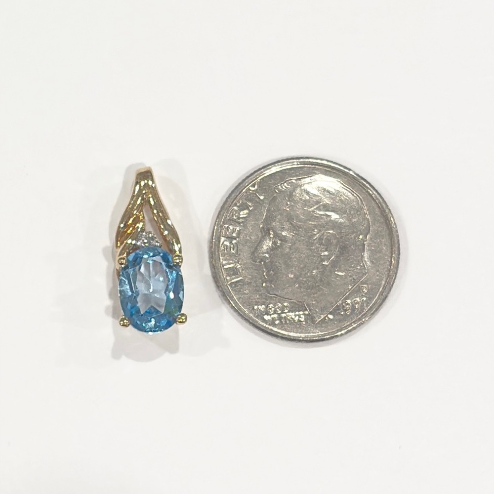 10K Blue Topaz Diamond Pendant: Dainty Small Gold Oval Solitaire Filigree Piece - Picture 10 of 11